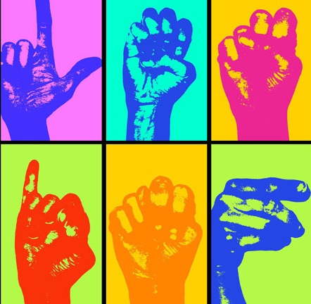 cartaz com várias mãos formando letras em lgp